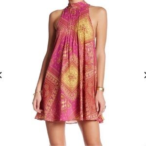 FREE PEOPLE Intimately S Beaux Mock Neck Slip Dress Pink Orange Mini Paisley Xs